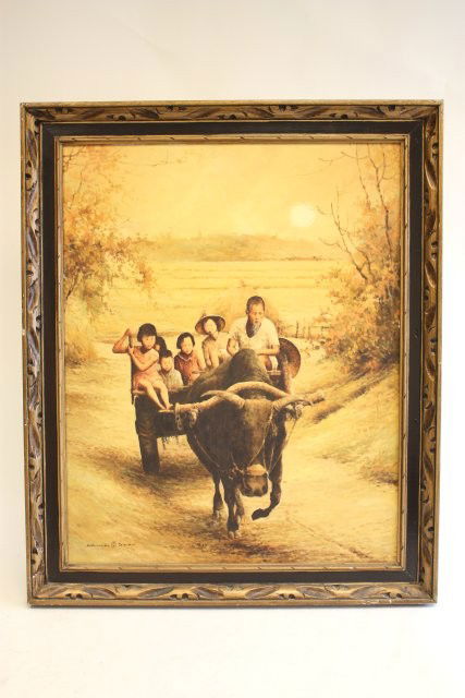 Taiwanese oil painting "Farmers with Oxen": Farmers returning home on oxen. Taiwanese artist Michell Huang, Ming-che Huang. He now paints in Bejing -1948. Framed. Approx. 30"h x 24" w.
