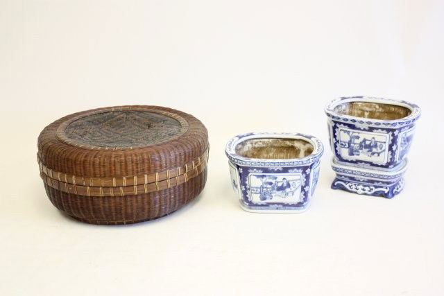 Asian woven covered bowl & pair of planters: Early woven bowl with some loss to lid. Approx. 8"h x 17.5" w. Pair of hand painted rectangular planters with base. Approx 6" h x 9.75 x 8.5" without base.