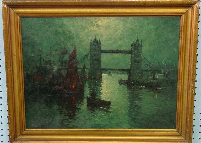 Oil painting signed A. De. Breanski Jr: Gilt framed, on canvas "London Tower Bridge". Approx. 24" W x 18" H. From a New York City Park Ave. Estate.