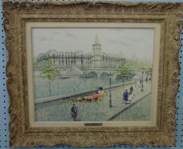 Framed oil painting signed A. Gisson: "Louvre", on canvas. Andre Gisson. Approx. 16" x 20". From a retired Wayne, NJ dentist, collector of Judaica for over 30 years.