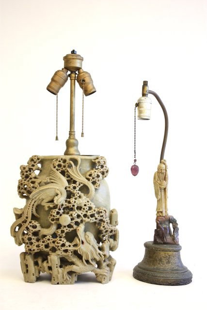 Two soapstone figural lamps: One with Dragon carving, one with Wiseman. Approx. 13" x 10, 8" h without base.