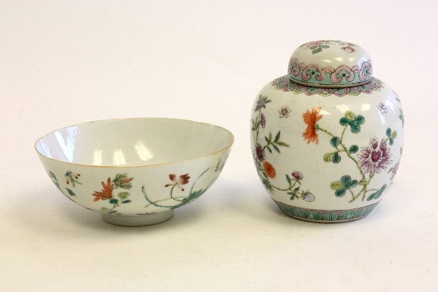 Covered jar & bowl: Jar with floral design, bowl with flowers & insects. Line & chip on bowl. Jar approx. 6" h x 6.5 diam. bowl approx. 3"h