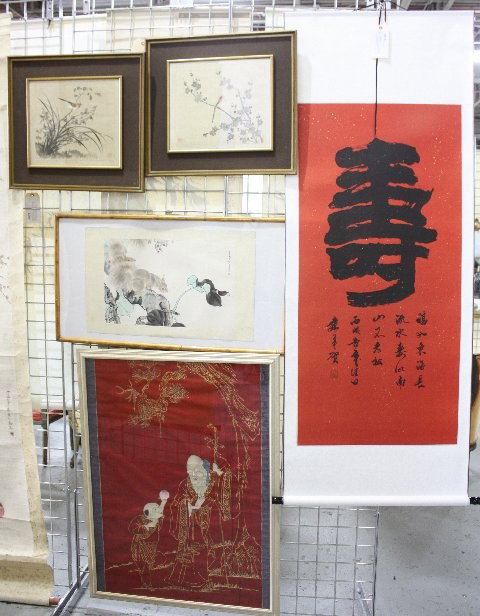Group lot of Chinese art: Includes: Framed Chinese painting & scroll calligraphy Approx. 23.5" x 49.5" "Greeting to Longevity" . Framed Chinese scroll "Two Squirrels" approx. 20" H x 13" W. 2 Chinese watercolors "Floral & Bird