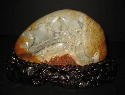 Carved jade on stand: "Figures on Bridge". Approx. 5.5" W x 3.25" without base.