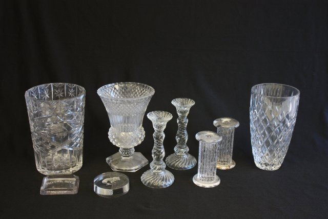 Group lot assorted crystal: 9 pcs. 3 vases, 2 pair candlesticks, 2 paperweights (one Val St. Lambert). From a Central Park West NYC estate.