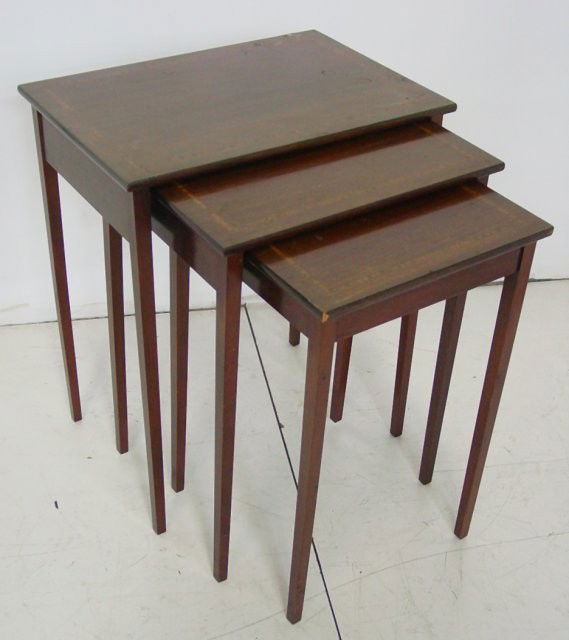 Sheraton style inlaid nest of tables ca. 1920's: Three tables. Approx. 14" x 20" x 24". Contents of the Brooklyn Heights Montague Terrace estate of J. Victor Herd & his wife Pauline Hoffman Herd
