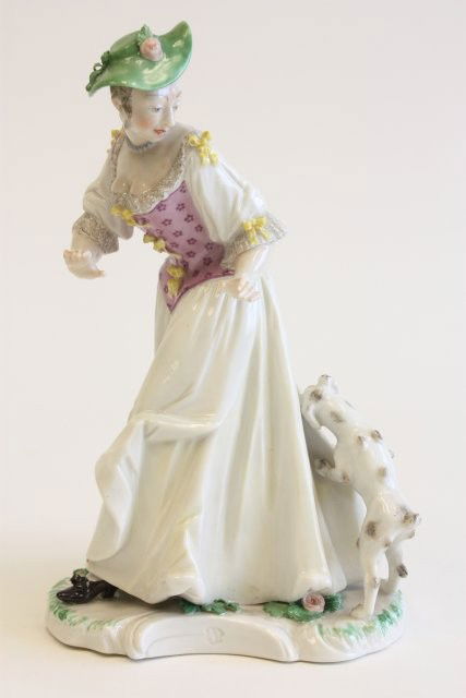 German porcelain "Woman with Dog: "Woman with Dog Jumping on Her" Approx. 8.75" H. Contents of the Brooklyn Heights Montague Terrace estate of J. Victor Herd & his wife Pauline Hoffman Herd