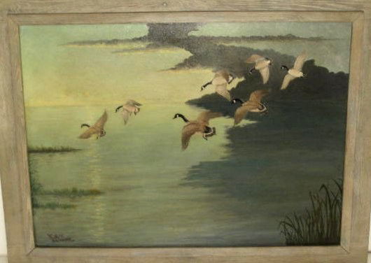 Eric Sloane "Geese Flying Over Sunset": (1910-1985) Approx. 44" x 32"
