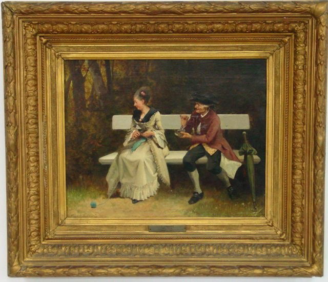 19th c. oil painting signed F. Lybaert 1878: "Couple Sitting on a Bench", relined. With metal plaque. Approx. 14" x 17"