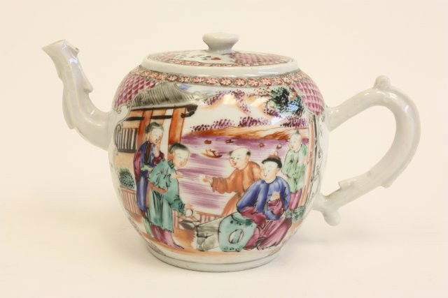 Chinese porcelain handpainted teapot: Depicting 5 figures, double sided. Approx. 4.75" H x 8" W (spout to handle). Contents of the Brooklyn Heights Montague Terrace estate of J. Victor Herd & his wife Pauline Hoffman Herd