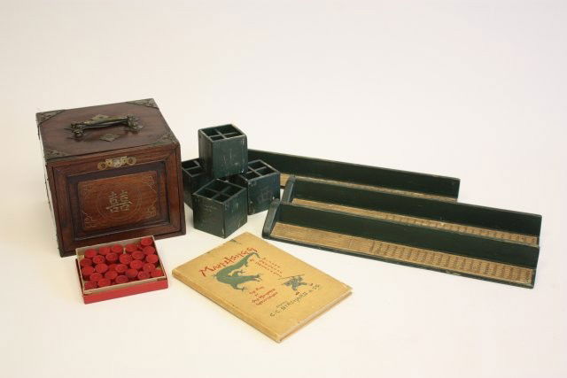 Mah-jongg set in wood box: With etched design of face of box, brass hinges & corner applique. Contents of the Brooklyn Heights Montague Terrace estate of J. Victor Herd & his wife Pauline Hoffman Herd