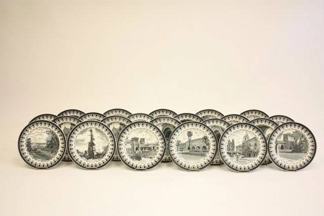 22 decorated Copeland Spode plates: Depicting different scenes of Stanford University. Approx. 10.5" Diam. Contents of the Brooklyn Heights Montague Terrace estate of J. Victor Herd & his wife Pauline Hoffman Herd