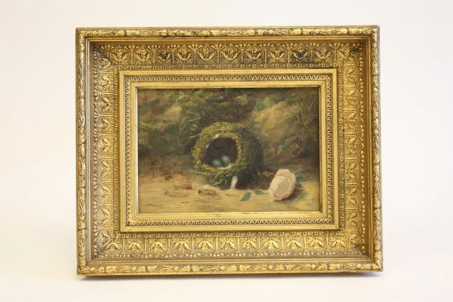 19th c. oil painting signed C. Herd: "Nest in Forest". Signed lower right. Gilt framed. Approx. 7" x 10". Contents of the Brooklyn Heights Montague Terrace estate of J. Victor Herd & his wife Pauline Hoffman Herd