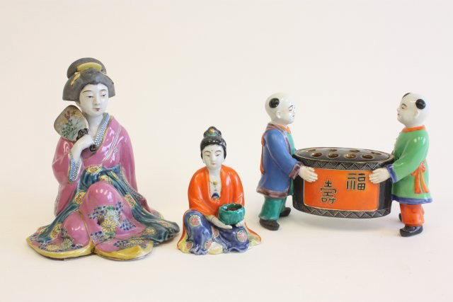Group lot of 3 Oriental figurines: Includes: 1-5" H porcelain frog depicting "Two Men Holding Casket". 1-7" H "Seated Girl with Fan". 1-4.5" H "Seated Girl with Bowl. Contents of the Brooklyn Heights Montague Terrace estate of J. Victo
