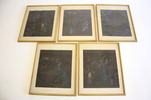 5 Chinese pictures: One says en verso "Chen Te Hsing, Chinese handpainted paicture. Approx. 11" x 9.5". Contents of the Brooklyn Heights Montague Terrace estate of J. Victor Herd & his wife Pauline Hoffman Herd