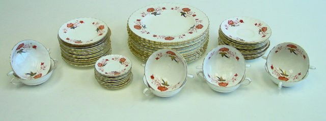 Royal Crown Derby dinnerware: Consisting of: 12 dinner plates, 8 boullion, 10 saucers, 11 plates & 9 demitasse saucers. Contents of the Brooklyn Heights Montague Terrace estate of J. Victor Herd & his wife Pauline Hoffman Herd