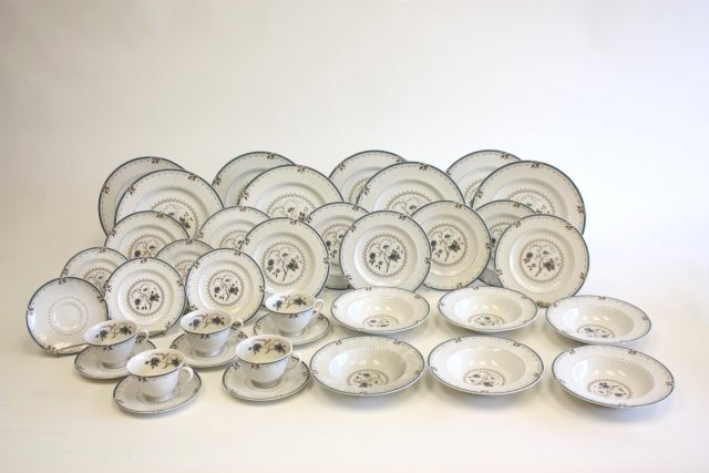 Royal Doulton dinnerware "Old Colony" TC 1005: Includes: 6 soup plates, 8 dinner plates, 8 luncheon plates, 4 underplates, 6 saucers, 5 cups. Contents of the Brooklyn Heights Montague Terrace estate of J. Victor Herd & his wife Pauline Hoffman Her