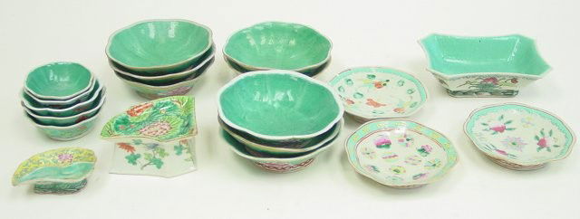Group lot of assorted Chinese pottery: Includes: 18 pcs. Chinese pottery bowls & dishes. 3 as is. Contents of the Brooklyn Heights Montague Terrace estate of J. Victor Herd & his wife Pauline Hoffman Herd