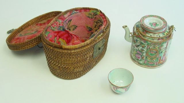 Rose Medallion Chinese teapot & cup: In bamboo basket. Contents of the Brooklyn Heights Montague Terrace estate of J. Victor Herd & his wife Pauline Hoffman Herd Contents of the Brooklyn Heights Montague Terrace estate of J. Victor Herd