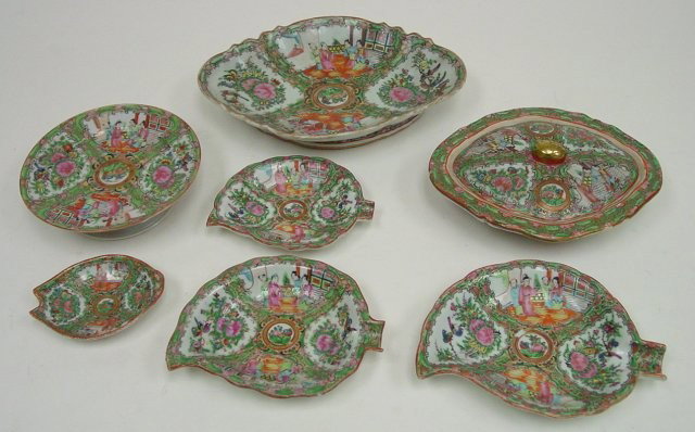 Group of Chinese Rose Medallion serving pieces: Includes: 3-7"-9" leaf platters, 1-5" x 4" dish, 1-10" x 8" covered casserole, 1-12" x 8.5" dish, 1-7.25" D x 2.5" H round compote. 7 pcs. total. Contents of the Brooklyn Heights Montague Terrace esta
