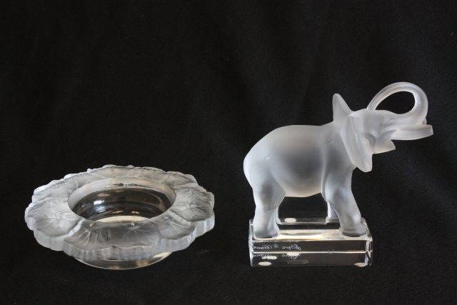 Lalique elephant & bottle coaster: Elephant approx. 6.5" H x 5.75". Coaster approx. 6.5" diam.