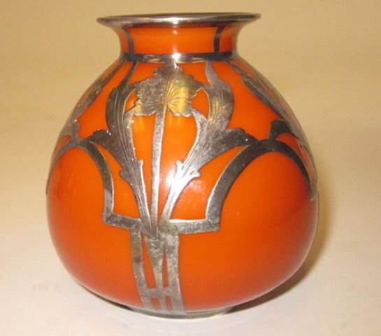 Silver overlay & glass vase "Eamco" Trenton N.J.: Early 20th c. Approx. 3" H x 3" W