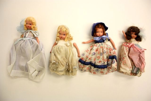 4 story book dolls: Approx. 6" h. One has arm detached. We do have the arm. Contents of the Brooklyn Heights Montague Terrace estate of J. Victor Herd & his wife Pauline Hoffman Herd