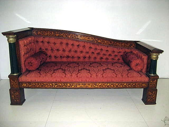Neo-Classic style Dutch marquetry inlaid recamier: 19th c., mahogany. Approx. 42" H x 84.5" W x 33" D. From the Estate of a Staten Island gentleman.