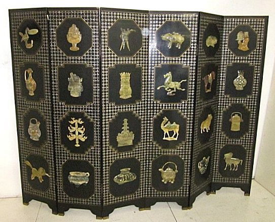 Early 20th c. Chinese 6 panel Coromandel screen: Each hinged panel with four animals or precious objects in carved & colored stone with cartouches on a black lacquer & mother of pearl inlaid ground. Each reverse with painted signs of the Zodiac & Sy