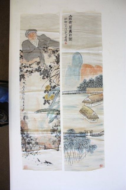 Two soft paper watercolors by Bai Shi: 1-"Old Man". 1-"Houses". Approx. 50" x 13"