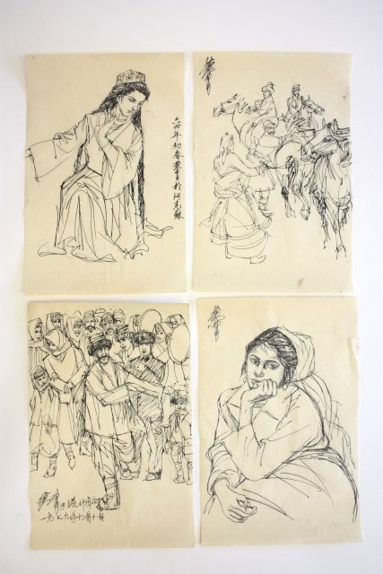 4 soft paper sketches by Huang Zhou: 2-"Girls". 2-"Town People". Approx. 12" x 8"