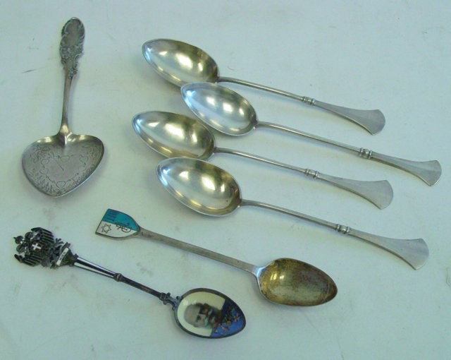 Group lot of 7 silver spoons: Includes: German enamelled spoon depicting "Franz Joseph". 4 matching Russian teaspoons. NEED MORE INFO PLEASE???