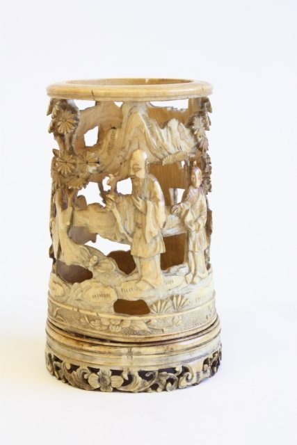 Carved ivory pen holder: Depicting "People Studying, Trees & Wisemen". Approx. 4" H