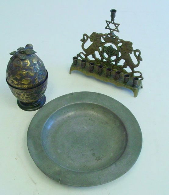 Lot of Judaica: Includes: 18th c. menorah (Poland), Etrog box (Middle Eastern), Judaica 18th c. pewter plate with Judaica writing. From the estate of Carl Freed of K. Gluck Selig Antiques, mid-town Manhattan dealer.