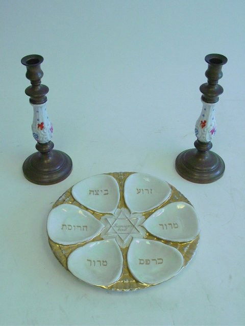 Porcelain Sedar plate & Pair brass candlesticks: Candlesticks are brass & porcelain Shabbos ca. 1850. From the estate of Carl Freed of K. Gluck Selig Antiques, mid-town Manhattan dealer.