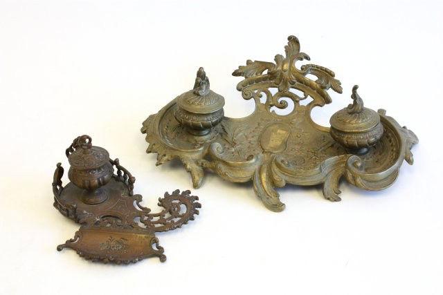 Two 19th c. bronze inkwells: From the estate of Carl Freed of K. Gluck Selig Antiques, mid-town Manhattan dealer.