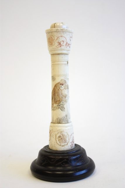 19th c. Chinese ivory & wood candlestick: Depicting "Monkeys". Cracks in ivory. Approx. 8" H. From the estate of Cark Freed of K. Gluck Salig Antiques, mid-town Manhattan dealer.