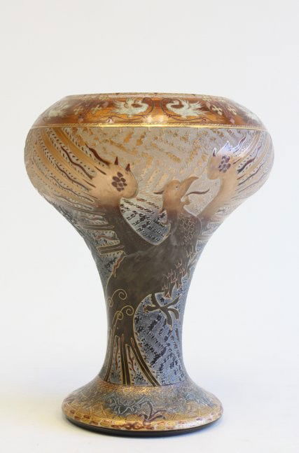 Very rare enamel & acid cut Daum Nancy vase: Depicting "Phoenix". Faded signature on bottom. Approx. 12.5" H x 9.5" W (at mouth)