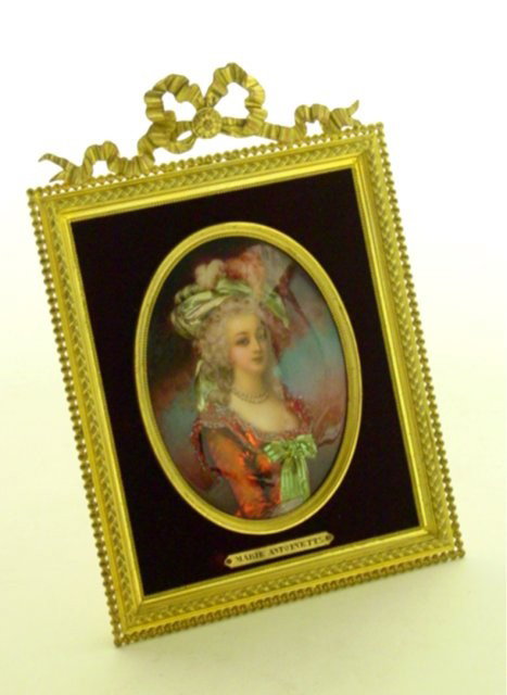 Enamel plaque of "Marie Antoinette": In dore bronze frame. Artist signed T. Leroy. Plaque approx. 4" H x 3" W, Framed Approx. 5" W x 7" H