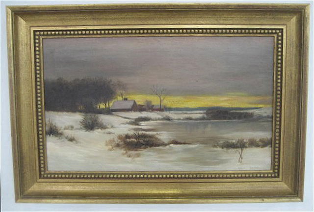 Oil painting on canvas signed Bruce Crane: Bruce Crane- 1857-1937; American artist; well listed.Framed "Winter Scene". Approx. 19.5" x 12".