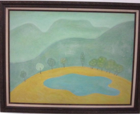 Oil painting signed Milton Avery 1960: Framed "Landscape Around Pond", on canvas. Signed lower left. Approx. 18" x 24"