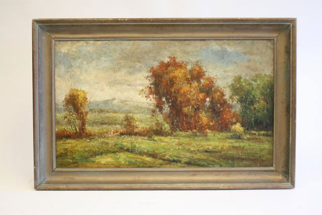 Oil painting on board signed William Wendt: "Landscape". Signed lower right, dated 1930's. American artist. Approx. 21" H x 36" W