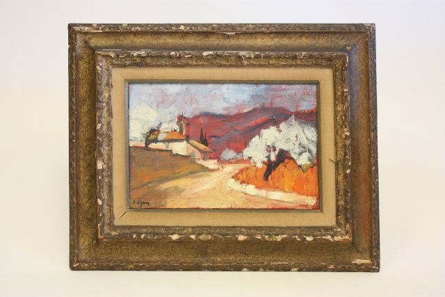 Framed Abstract oil painting signed B. Lignon: "Road to Village", on canvas. Signed lower left. French artist: Bernard Lignon. Paper label en verso "Sold at Galerie Paul Petrides, Paris". Approx. 9" H x 13" W