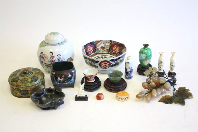 Group lot assorted smalls: 1-3" x 3" 19th c. cloisonne footed bowl, 1-3.5" H champleve vase, artist signed, 1-1.25" H jade cup, 1-3" H "Chinese Man with Cane",1-5" W x 3" H cloisonne box, 3-3" H vases (1-porcelain, 2-ivory), 1-