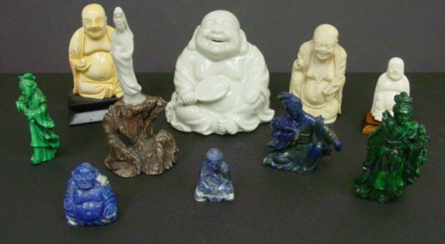 Group lot 10 assorted smalls: Includes: 6-"Fat Buddhas" (1-porcelain, 2-lapiz, 3 ivory). 3-"Standing Buddhas" (1-porcelain, 1-lapis & 2-malachite). Various sizes.