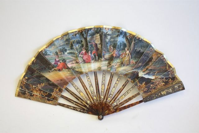 Late 18th c. French handpainted fan: "Pastoral Scenes" painted on both sides, with tortoise shell. From the collection of the late Pauline Korcy, famed fan collector who died in the 1960's. Her collection was also exhibited at the Boston