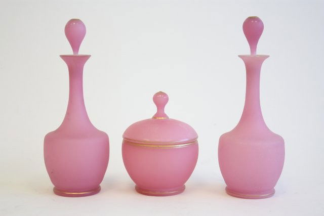 19th c. French opaline 3pc. vanity set: From the estate of Carl Freed of K. Gluck Selig Antiques, mid-town Manhattan dealer.