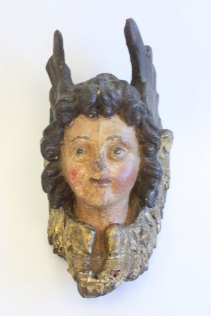 17th c. polychromed carved "Angel" head: Austria-Italian. Approx. 10" x 5.5". From the estate of Carl Freed of K. Gluck Selig Antiques, mid-town Manhattan dealer.