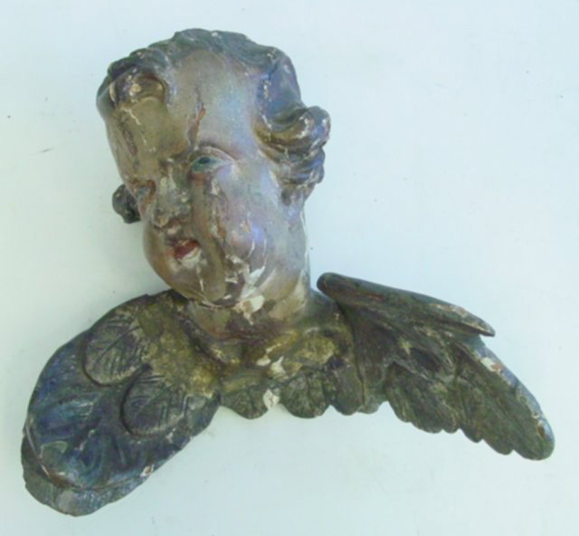 Mid 18th c. silver & giltwood carved wood "Angel: Approx. 7" H x 9" W. From the estate of Carl Freed of K. Gluck Selig Antiques, mid-town Manhattan dealer.