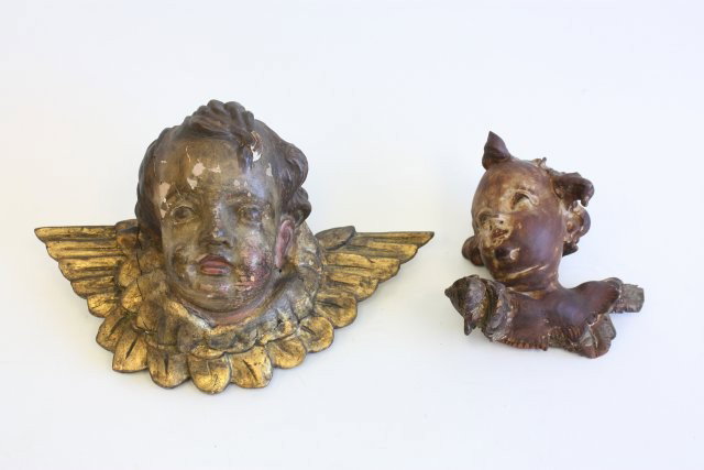 2 18th & 19th c. polychromed giltwood "Cuppi": Approx. 6" x 6.5" & 7" x 11". From the estate of Carl Freed of K. Gluck Selig Antiques, mid-town Manhattan dealer.